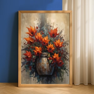 Orange Floral Rustic Painting, Printable Wall Art, Floral Wall Art, Digital Wall Art, Maximalist Wall Art, Trendy Wall Art, Digital Download