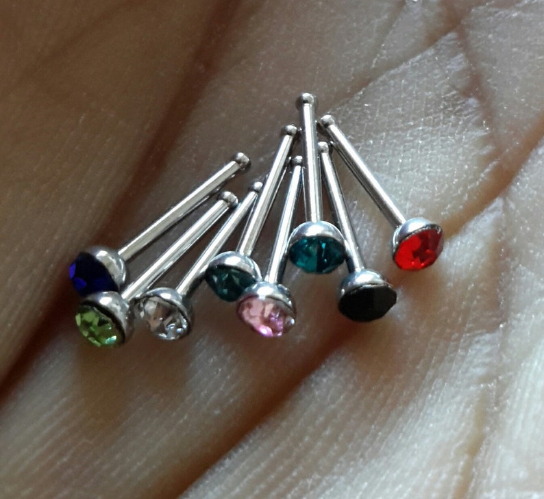 2 Random Colors Stainless Steel Nose Studs, with Grade A Rhinestones image 1