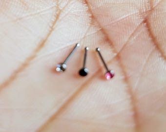 3 Colors - Stainless Steel Nose Studs - Crystal, Pink, Black