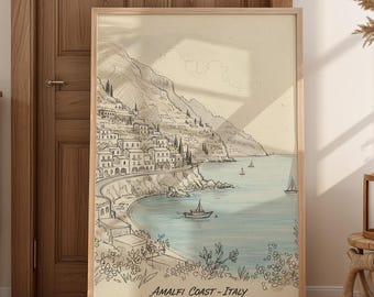 Italy Travel Living Room Wall Art: Amalfi Coast Sketch (Digital Download - Multiple Sizes Included)