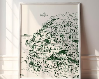 Positano Italy Wall Art: Olive Green Amalfi Coast Hand Drawn Sketch (Digital Download - Multiple Sizes Included)