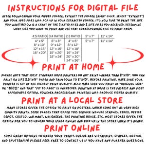 Pu&ograve; includere: Una guida bianca e rossa con istruzioni per la stampa di file digitali. Include una tabella con formati di stampa in pollici, consigli per la stampa a casa e opzioni per la stampa in un negozio locale o online.