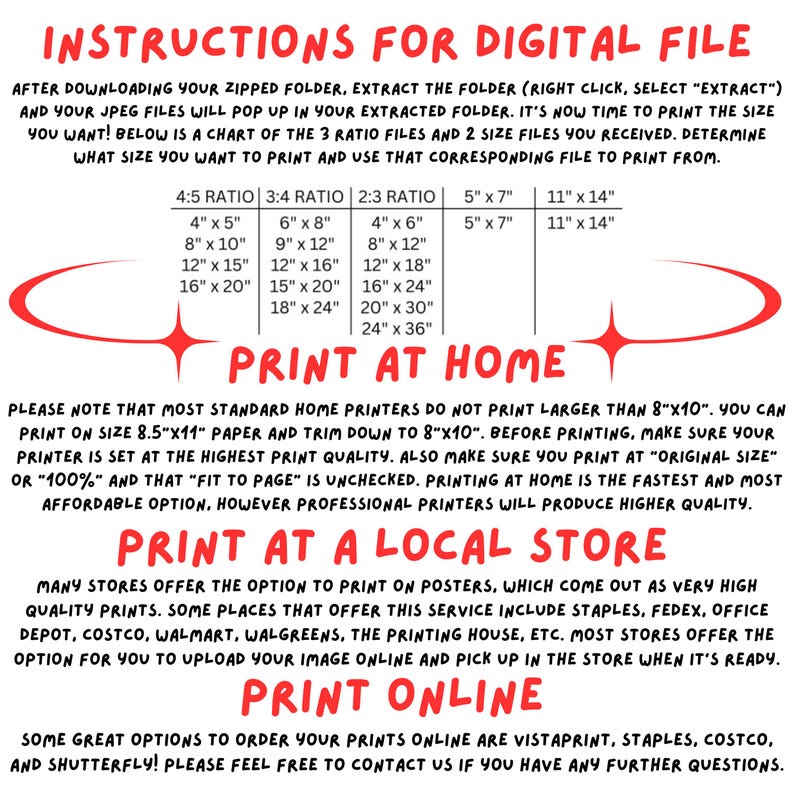 Pu&ograve; includere: Una guida bianca e rossa con istruzioni per la stampa di file digitali. Include una tabella con formati di stampa in pollici, consigli per la stampa a casa e opzioni per la stampa in un negozio locale o online.