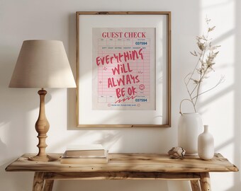 Everything Will Always Be Ok Retro Guest Check Print: Pink Vintage Diner Wall Art (Digital Download - Multiple Sizes Included)