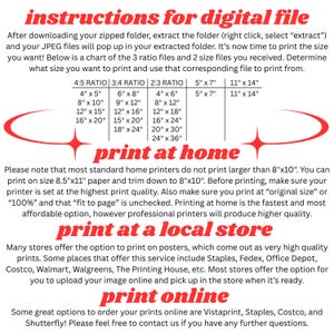 May include: A guide for printing digital files, with size ratios and printing options. Includes instructions for printing at home, at a local store, and online. Print sizes range from 4x5 inches to 24x36 inches.