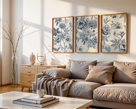 Navy Blue Floral Print Set of 3, Vintage Chinoiserie Wall Decor, Chateaucore Three Piece (Digital Download - Multiple Sizes Included)