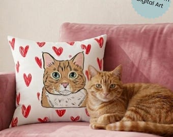 Custom Pet Pillow, Hand drawn digital pet art, Red Hearts Cushion, cat mom gift