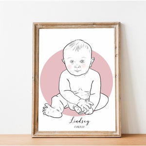 Personalized Baby Gift, New Born illustration, Custom Baby drawing, digital baby portrait, birth drawing,newborn gift, 1rst birthday gift image 1