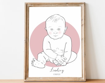Personalized Baby Gift, New Born illustration, Custom Baby drawing, digital baby portrait, birth drawing,newborn gift, 1rst birthday gift