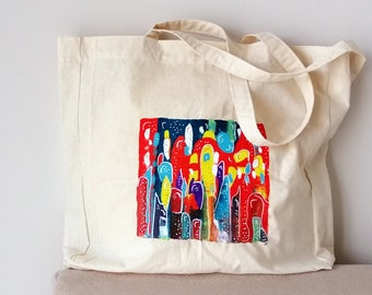 Abstract Painted Large Tote Bag,  Graffiti Painted Fabric Tote , Market Bag , Street Style Natural Beach Bag