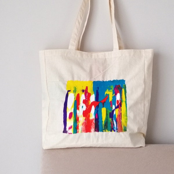 Arte pop colorido Painted Large Tote Bag, Abstract Painted Fabric Tote, Market Bag, Colorful Summer Tote