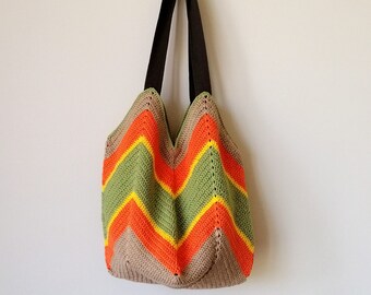 Crochet Bag, Chevron Bag, Striped Crochet Bag,  Color Block Bag, Boho Bag, Green orange bag, Tote Bag, Crochet Shopper Bag, Tulip Bag