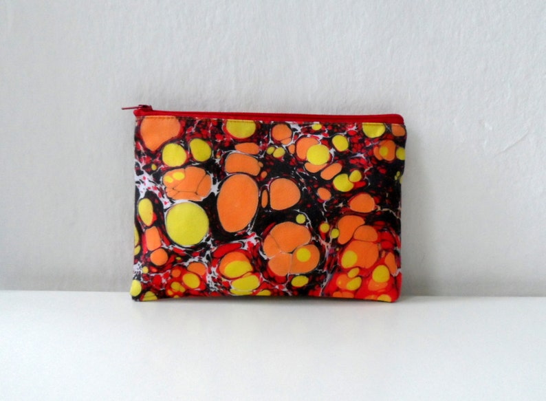 Popart ZipPouch, Orange Yellow Zipper Bag, Hand Marbled Geometric Dots Model 3, cosmetic bag / travel bag / make up bag image 1