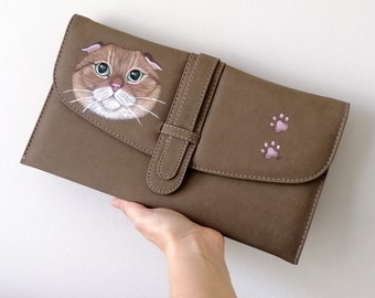 Cat Clutch, Hand painted  Cat purse , Scottishfold cat pouch,  ARMY GREEN CLUTCH, cat lady gift