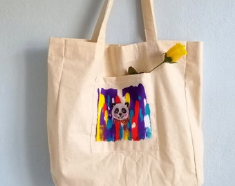 Abstract Panda Large Tote Bag, Handpainted Fabric Tote , Market Bag    gift for panda lover