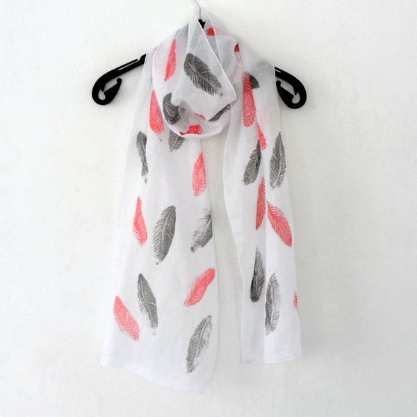 Feathers Scarf, hand printed cotton scarf, hand stamped red black feathers, fashion accessory