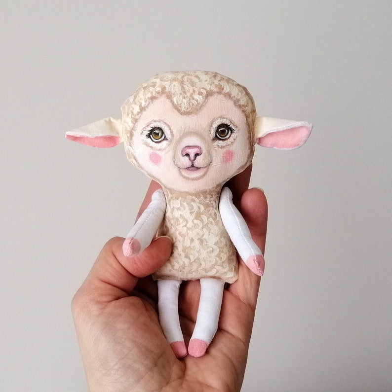 Lamb Doll, hand painted art doll, lamb soft sculpture , fabric doll , tiny doll, animal totem, animal fabric art image 3