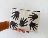 Zipper bag, Hand Printed HANDS in black Zip pouch, hand stamped women fashion zipper bag - 107