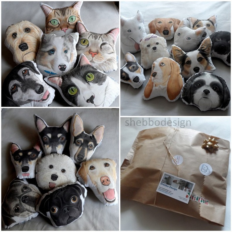 May include: A collection of handmade pet pillows featuring various dog and cat breeds. The pillows are made of soft fabric and feature realistic illustrations of the animals. The pillows are packaged in a brown paper bag with a label that says "Shebbo Design".