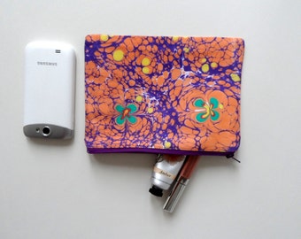 Hand Marbled Floral Zip Pouch Nr.7, cosmetic bag / travel bag / make up bag, Orange purple green