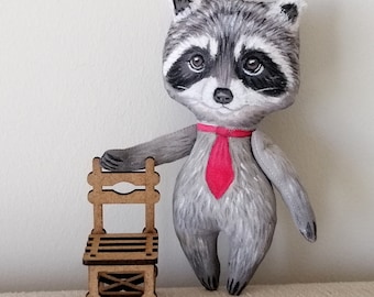 Raccoon Doll,  Hand Painted Raccoon doll, wild life animal totem, art doll,  pocket doll ,fabric doll, raccoon soft sculpture