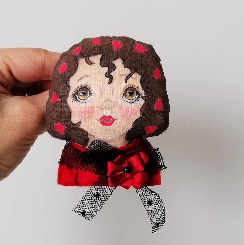 valentines day gift rag doll brooch textile art brooch Hand Painted anime girl doll brooch Love Girl Brooch