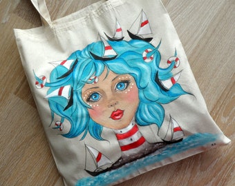 Fantasy  Girl Art Tote, Sailor Girl Tote Bag | Girl Illustration Tote | Nautical Tote  |Marine Bag, Summer  Tote Bag