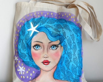 Fantasy Mermaid Girl Tote Bag | Girl Illustration Tote | Painted Tote  |Marine Summer  Tote Bag