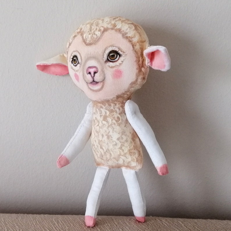 Lamb Doll, hand painted art doll, lamb soft sculpture , fabric doll , tiny doll, animal totem, animal fabric art image 4