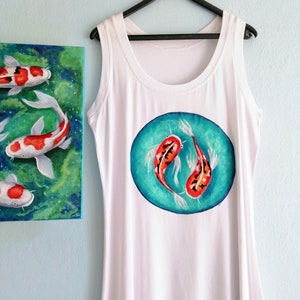 Koi Fishes  Tank Top, Hand Painted tshirt, Nautical Style Top, Sleeveless Women Top