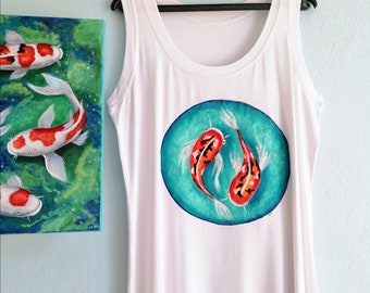 Koi Fishes  Tank Top, Hand Painted tshirt, Nautical Style Top, Sleeveless Women Top