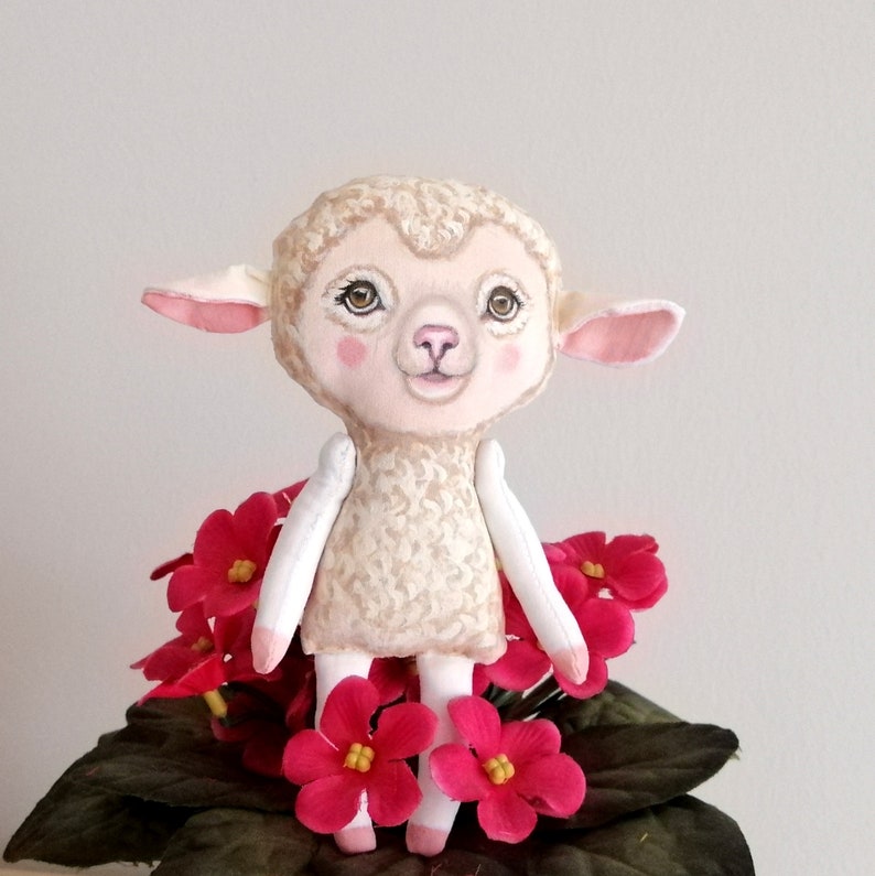 Lamb Doll, hand painted art doll, lamb soft sculpture , fabric doll , tiny doll, animal totem, animal fabric art image 6
