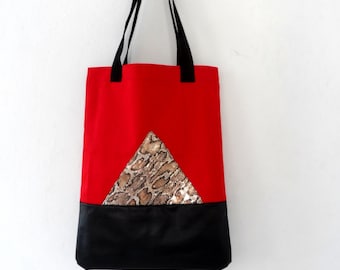 Tote Bag, Red Black Geometric with Metallic Snake Skin, Cotton and Leather Large Tote