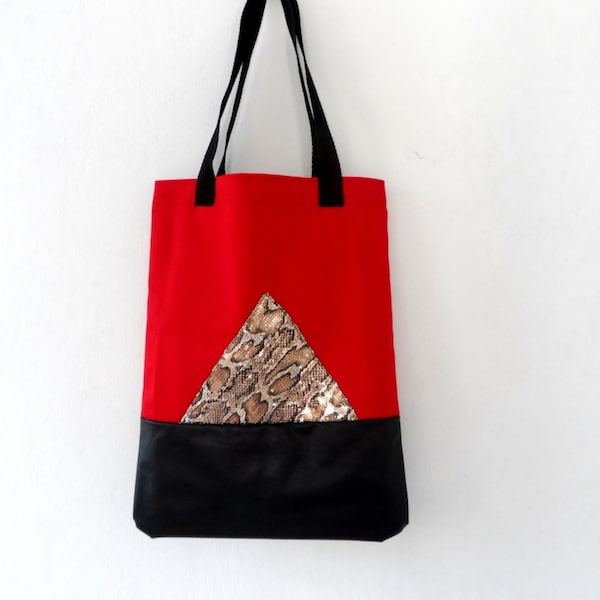 Tote Bag, Red Black Geometric with Metallic Snake Skin, Cotton and Leather Large Tote