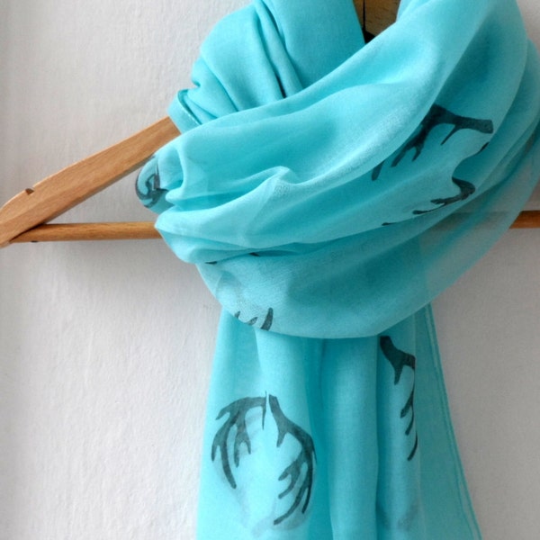 Wide Mint Antler Scarf  , woodland cotton yemeni  scarf, hand stamped lightweight scarf, spring fashion, wedding accessory