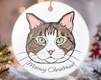 Custom Pet Ornament Drawing from your pet photo, Personalized Round Ceramic Christmas Tree Decor