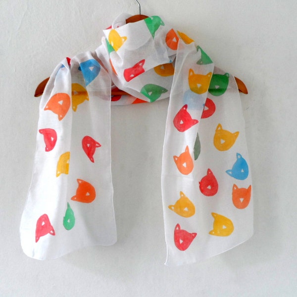 Pop Colors  Kitty Cat Scarf, Hand stamped kitty cat printed scarf, made to order