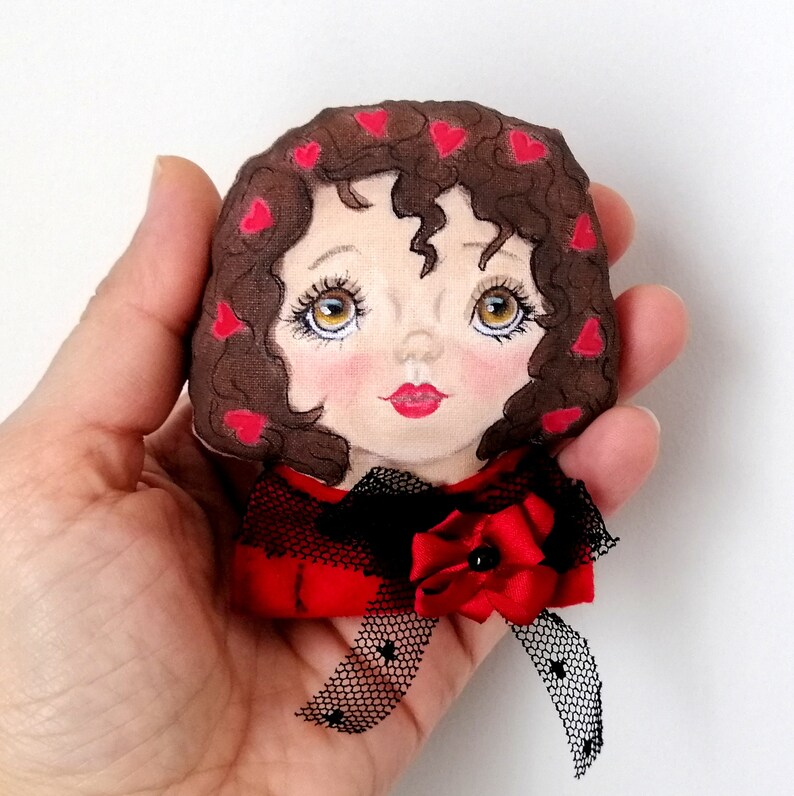 valentines day gift rag doll brooch textile art brooch Hand Painted anime girl doll brooch Love Girl Brooch