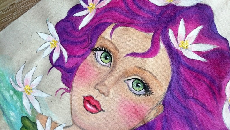 Painted Tote Girl Illustration Tote Birthday Day Gift Lotus Girl Tote Bag