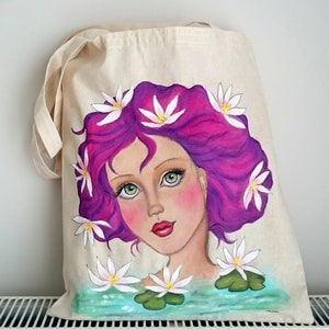 Fantasy Girl  Tote bag, Lotus Girl Tote Bag | Girl Illustration Tote | Hand Painted Tote  | Birthday Day Gift