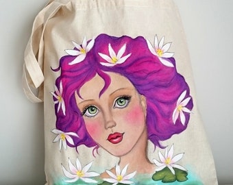 Fantasy Girl  Tote bag, Lotus Girl Tote Bag | Girl Illustration Tote | Hand Painted Tote  | Birthday Day Gift