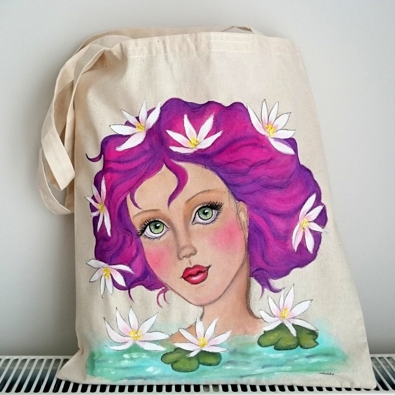 Painted Tote Girl Illustration Tote Birthday Day Gift Lotus Girl Tote Bag