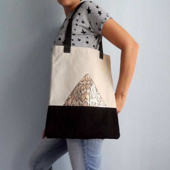 Cotton Tote Bag With Metallic Snake Skin Triangle , Beige