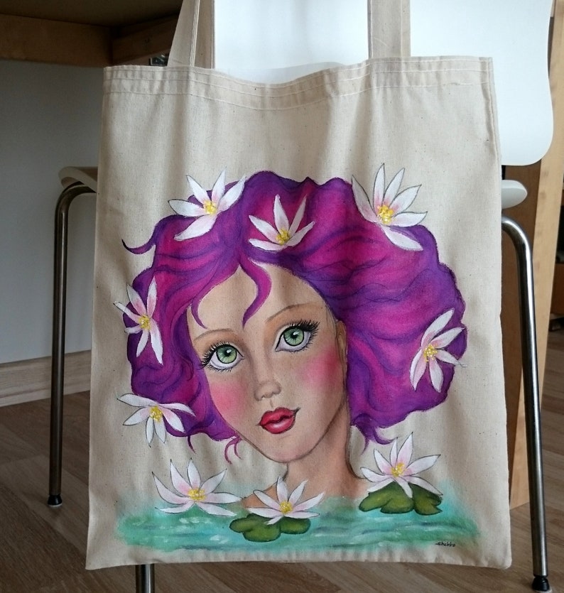 Painted Tote Girl Illustration Tote Birthday Day Gift Lotus Girl Tote Bag