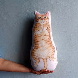 K&ouml;nnte beinhalten: Ein Pl&uuml;schkatzenkissen mit wei&szlig;em Hintergrund und einem braunen Tabby-Katzenmuster. Die Katze steht auf ihren Hinterbeinen mit erhobenen Pfoten in der Luft.