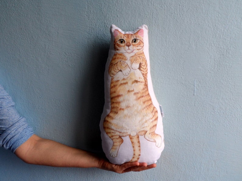 K&ouml;nnte beinhalten: Ein Pl&uuml;schkatzenkissen mit wei&szlig;em Hintergrund und einem braunen Tabby-Katzenmuster. Die Katze steht auf ihren Hinterbeinen mit erhobenen Pfoten in der Luft.