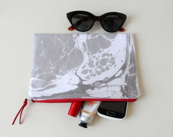 Monochrome Clutch, White Gray Hand Marbled Zip Pouch , everyday bag