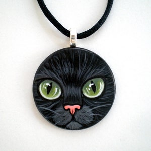 Green Eyed Black Cat Necklace Hand Paint Pendant wooden art jewelry, gift for pet lovers image 2