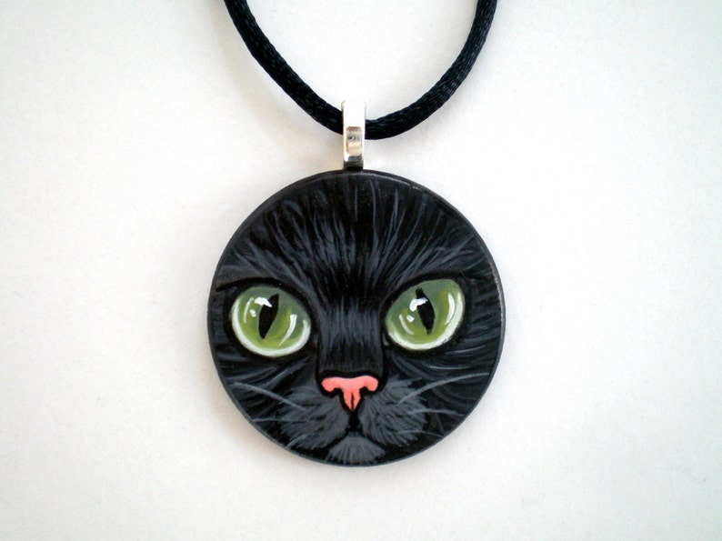 Green Eyed Black Cat Necklace Hand Paint Pendant wooden art jewelry, gift for pet lovers image 2