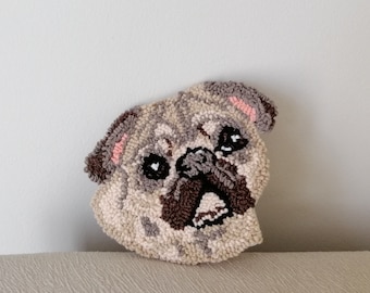 Punch Needle Pug coaster , Hand Tufted Pug face, Cute Dog Coaster, Pug portrait  fiber art, Gift for pug lovers